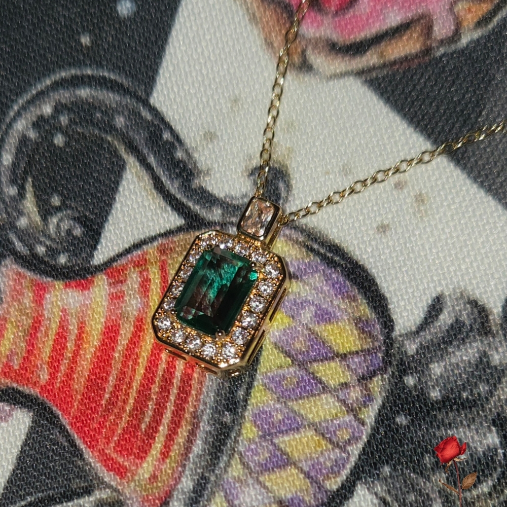 5ct Emerald-Cut Green Cubic Zirconia Micro Paved Halo Gold Tone Pendant Necklace - Picture 6 of 8